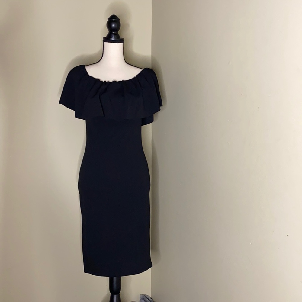 Black off the shoulder overlay dress.